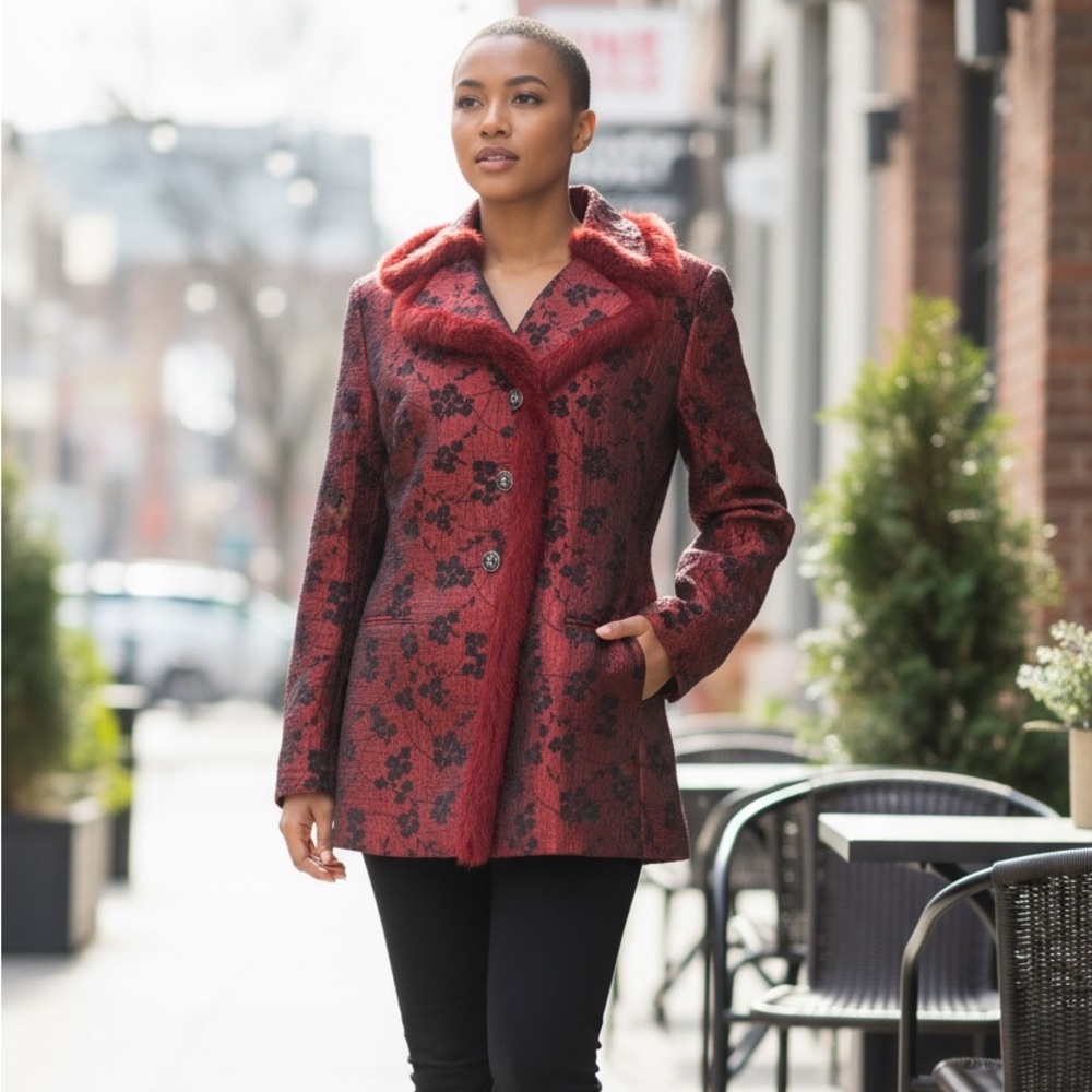 Champagne Women's Burgundy-Black Lined Fur Jacket, Blazer, 10